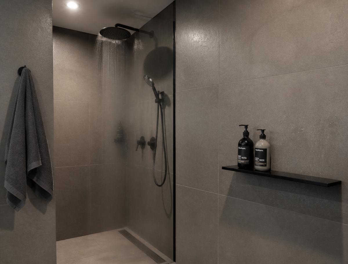 Modern gym shower room with matte black fixtures
